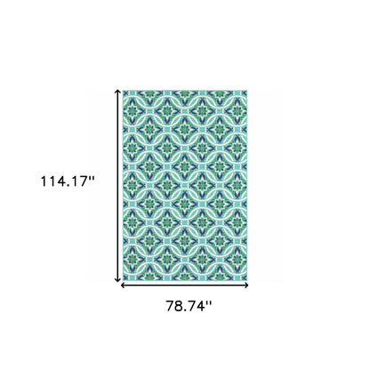 7' X 10' Blue and Green Geometric Stain Resistant Indoor Outdoor Area Rug