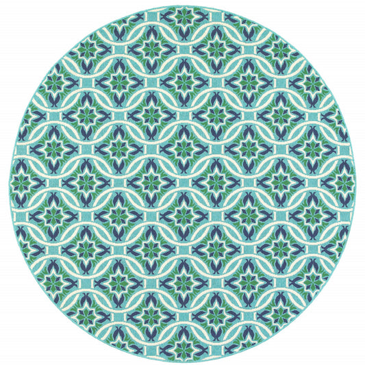 8' X 8' Blue and Green Round Geometric Stain Resistant Indoor Outdoor Area Rug