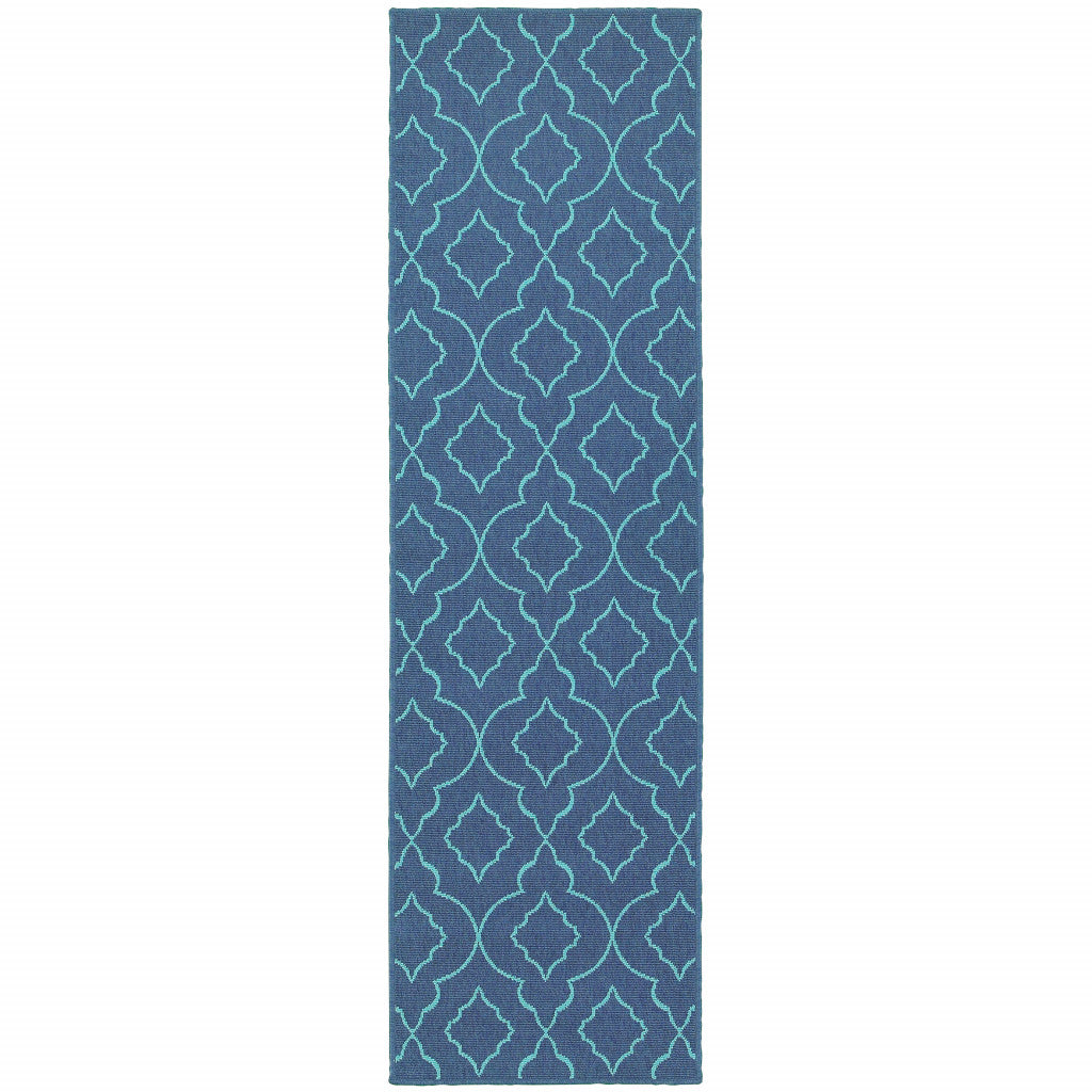 2' X 8' Blue Geometric Stain Resistant Indoor Outdoor Area Rug