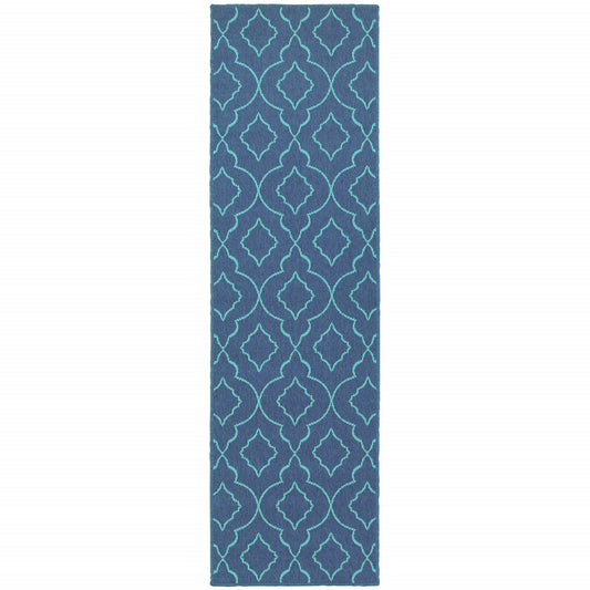 2' X 8' Blue Geometric Stain Resistant Indoor Outdoor Area Rug