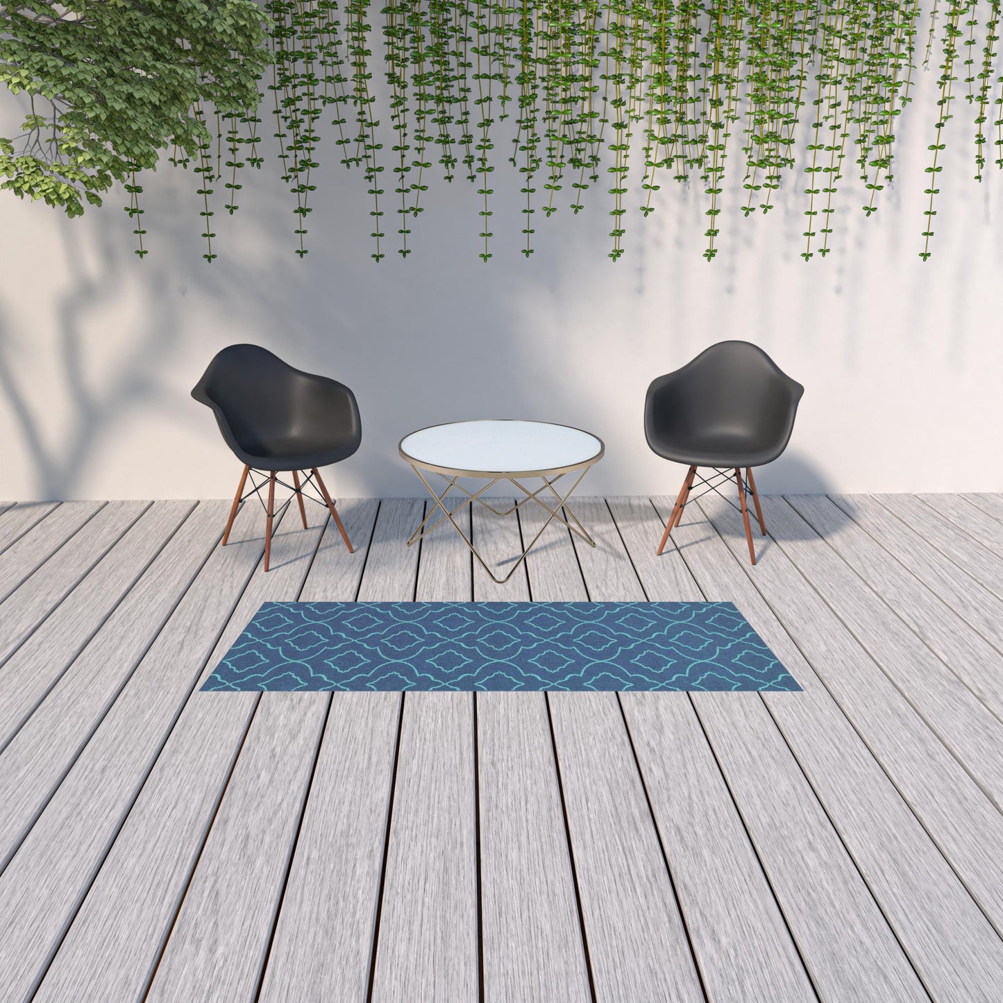 2' X 8' Blue Geometric Stain Resistant Indoor Outdoor Area Rug