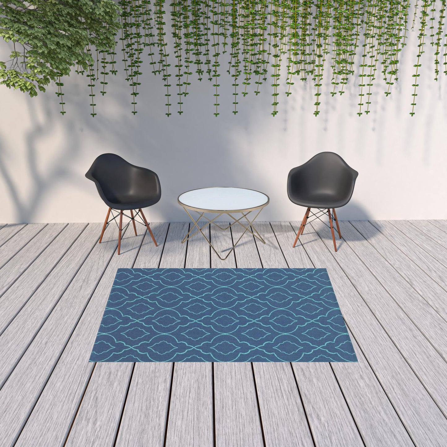 5' X 8' Blue Geometric Stain Resistant Indoor Outdoor Area Rug