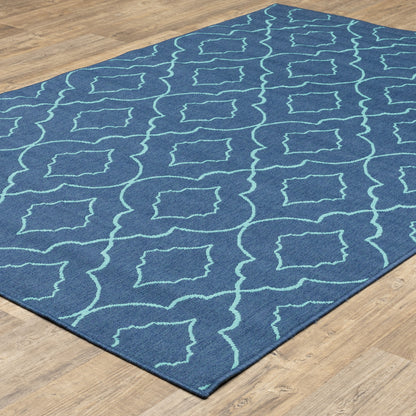 7' X 10' Blue Geometric Stain Resistant Indoor Outdoor Area Rug