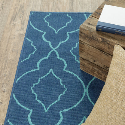 7' X 10' Blue Geometric Stain Resistant Indoor Outdoor Area Rug