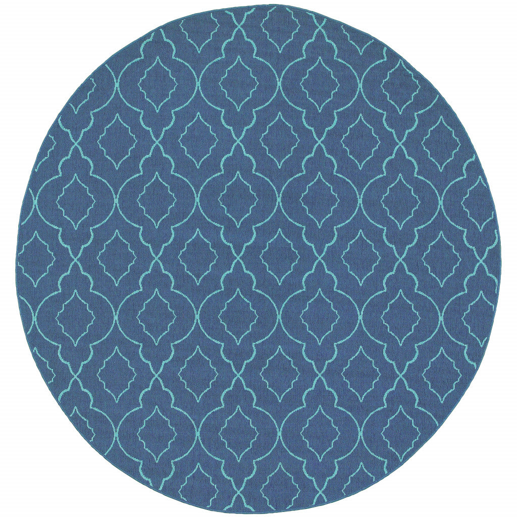 8' X 8' Blue Round Geometric Stain Resistant Indoor Outdoor Area Rug