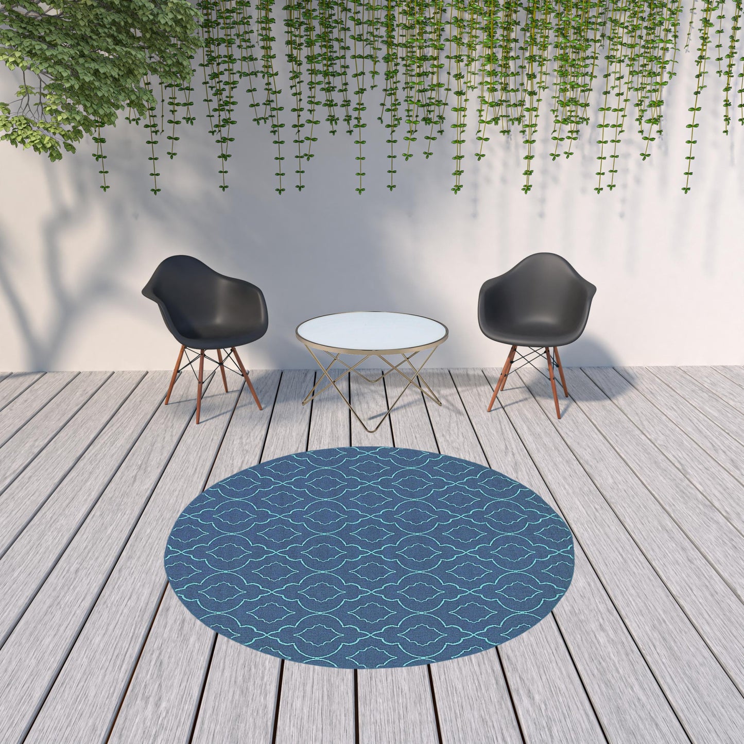 8' X 8' Blue Round Geometric Stain Resistant Indoor Outdoor Area Rug