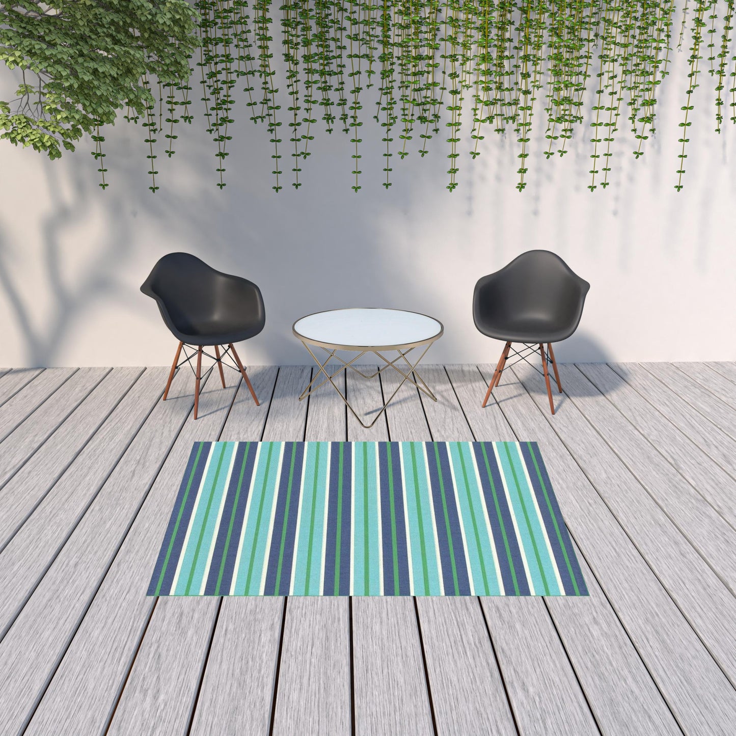 5' X 8' Blue and Green Geometric Stain Resistant Indoor Outdoor Area Rug