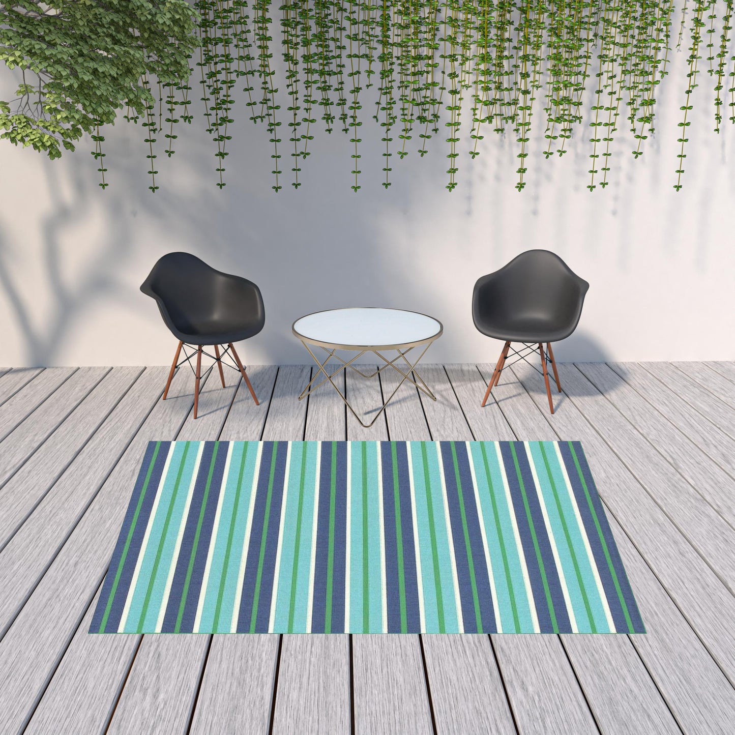 7' X 10' Blue and Green Geometric Stain Resistant Indoor Outdoor Area Rug