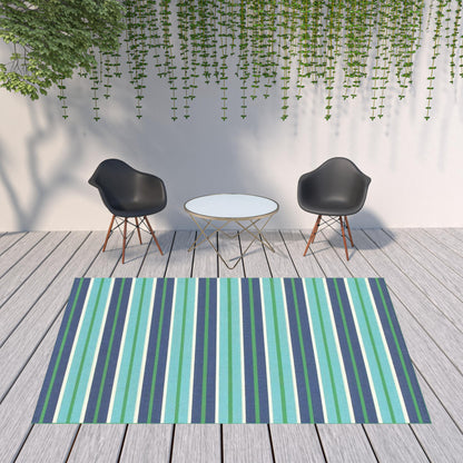 8' X 11' Blue and Green Geometric Stain Resistant Indoor Outdoor Area Rug