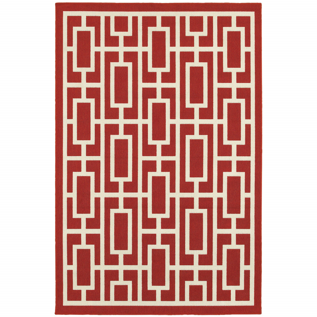 2' X 3' Red and Ivory Geometric Stain Resistant Indoor Outdoor Area Rug