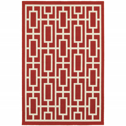 2' X 3' Red and Ivory Geometric Stain Resistant Indoor Outdoor Area Rug