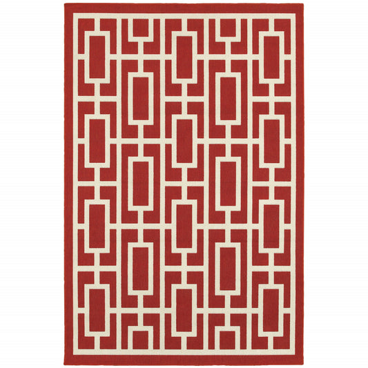 2' X 3' Red and Ivory Geometric Stain Resistant Indoor Outdoor Area Rug