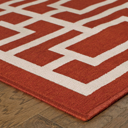 2' X 3' Red and Ivory Geometric Stain Resistant Indoor Outdoor Area Rug