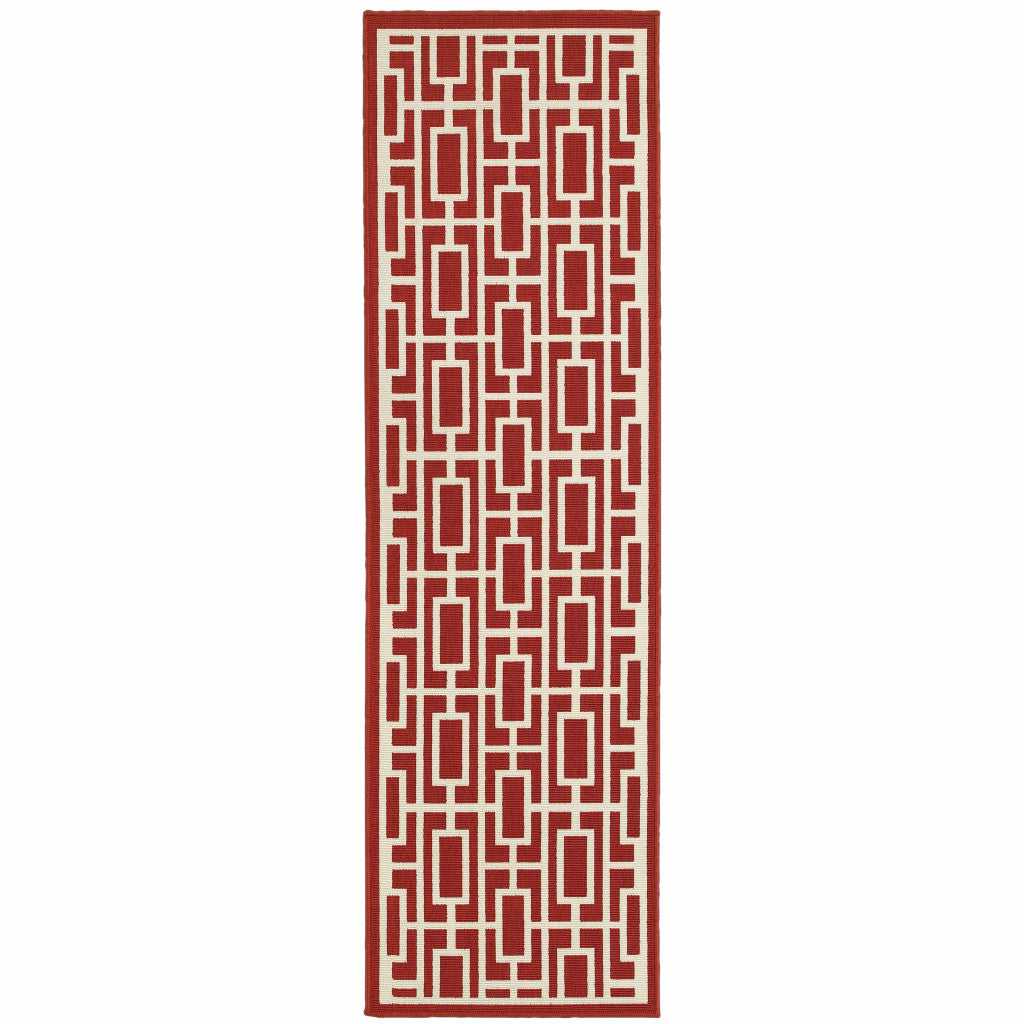 2' X 8' Red and Ivory Geometric Stain Resistant Indoor Outdoor Area Rug