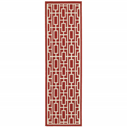 2' X 8' Red and Ivory Geometric Stain Resistant Indoor Outdoor Area Rug