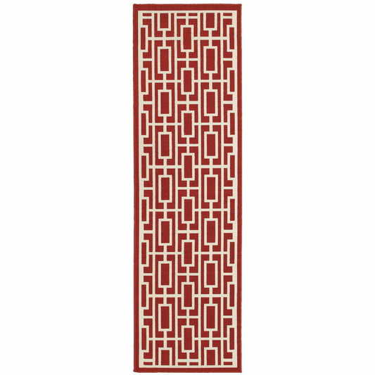 2' X 8' Red and Ivory Geometric Stain Resistant Indoor Outdoor Area Rug