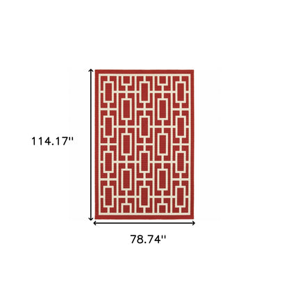 7' X 10' Red and Ivory Geometric Stain Resistant Indoor Outdoor Area Rug