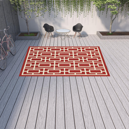 9' X 13' Red and Ivory Geometric Stain Resistant Indoor Outdoor Area Rug