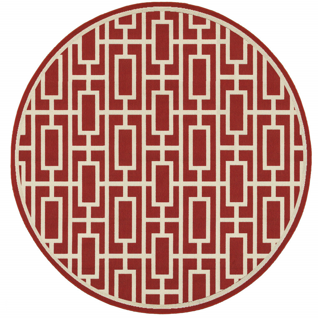 8' X 8' Red and Ivory Round Geometric Stain Resistant Indoor Outdoor Area Rug