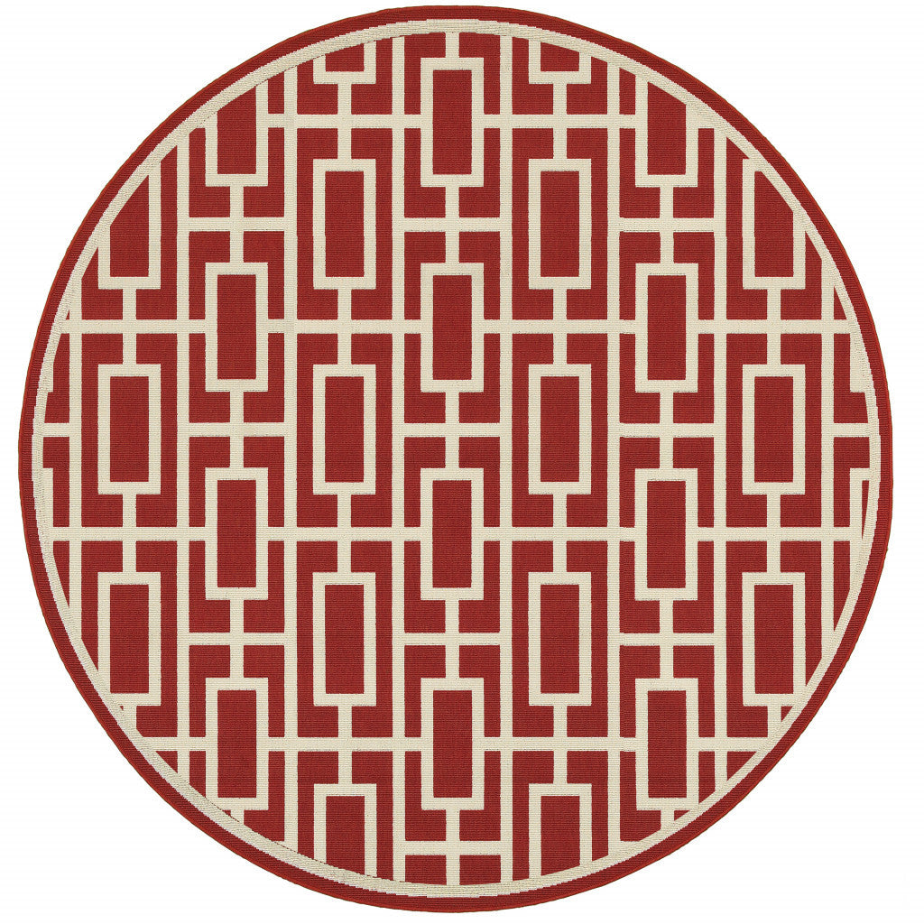 8' X 8' Red and Ivory Round Geometric Stain Resistant Indoor Outdoor Area Rug