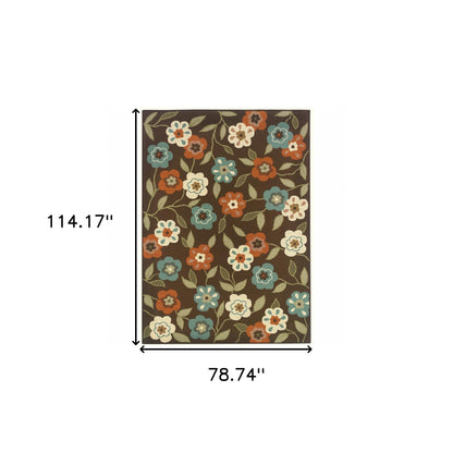 7' X 10' Brown and Ivory Floral Stain Resistant Indoor Outdoor Area Rug