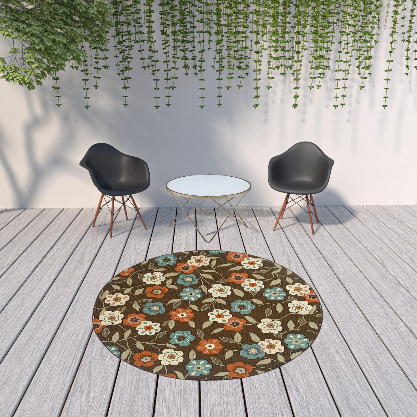 8' X 8' Brown and Ivory Round Floral Stain Resistant Indoor Outdoor Area Rug