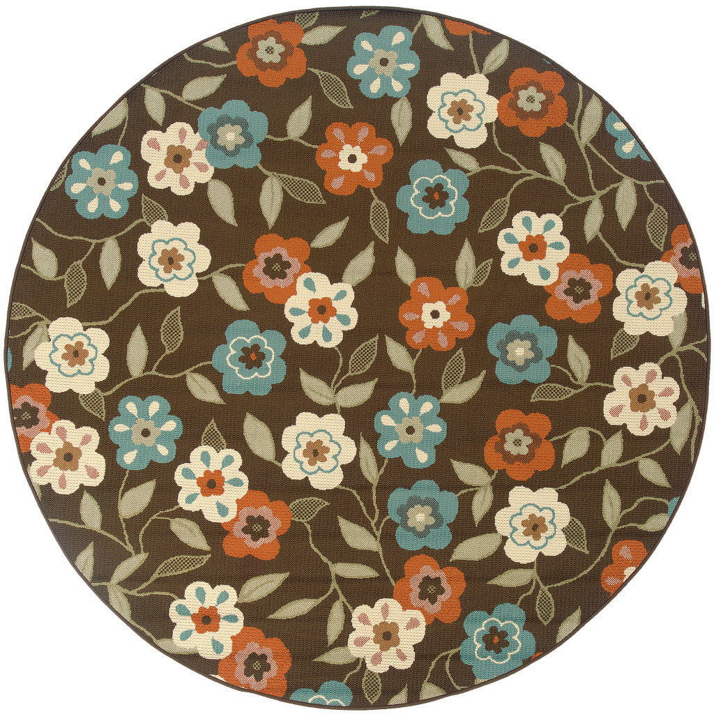 8' X 8' Brown and Ivory Round Floral Stain Resistant Indoor Outdoor Area Rug