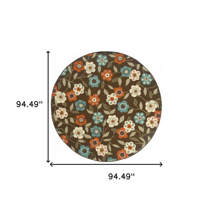 8' X 8' Brown and Ivory Round Floral Stain Resistant Indoor Outdoor Area Rug