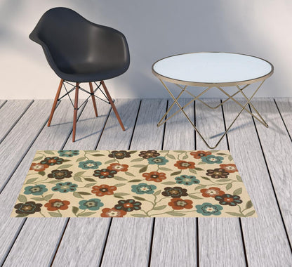 2' X 4' Brown and Ivory Floral Stain Resistant Indoor Outdoor Area Rug