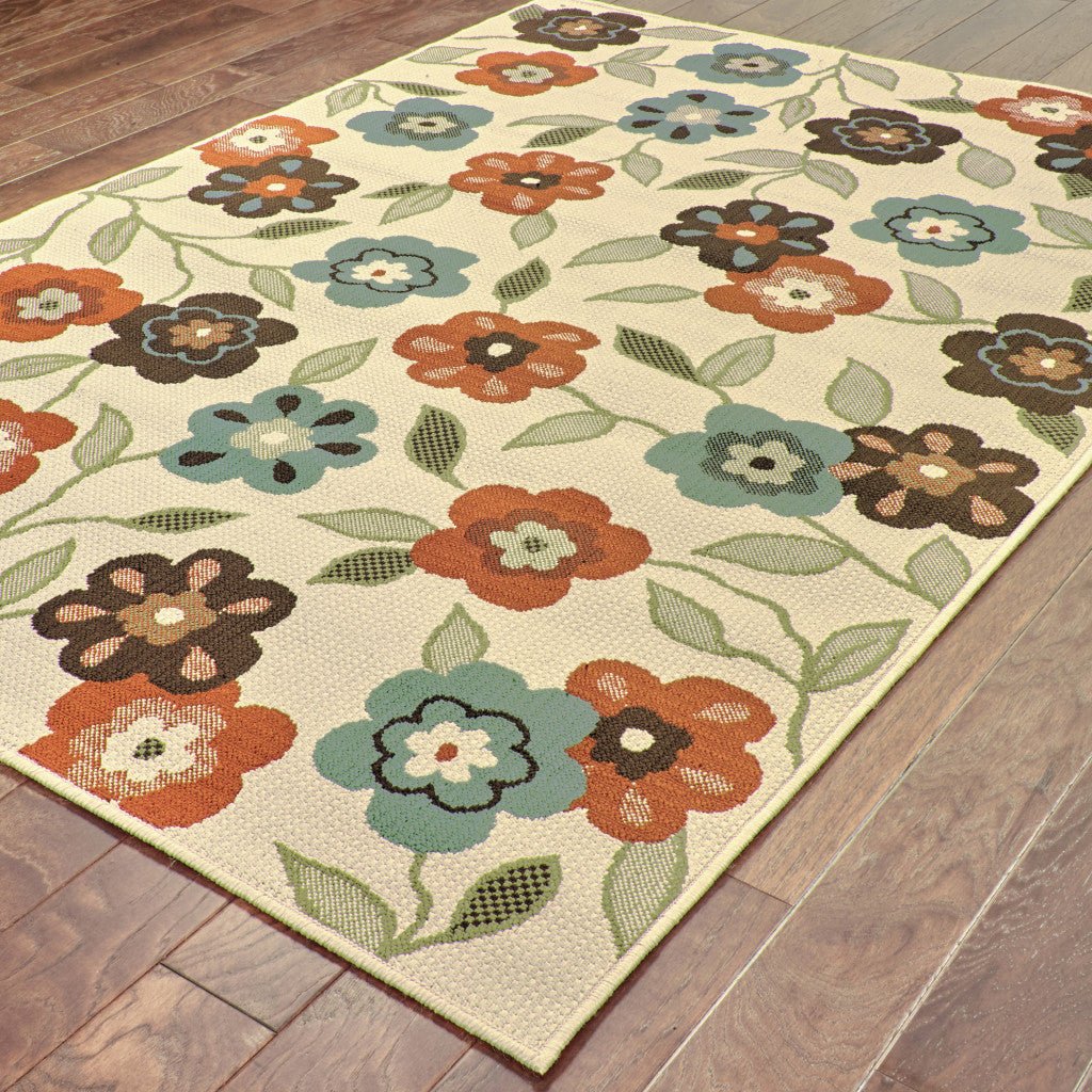 5' X 8' Brown and Ivory Floral Stain Resistant Indoor Outdoor Area Rug