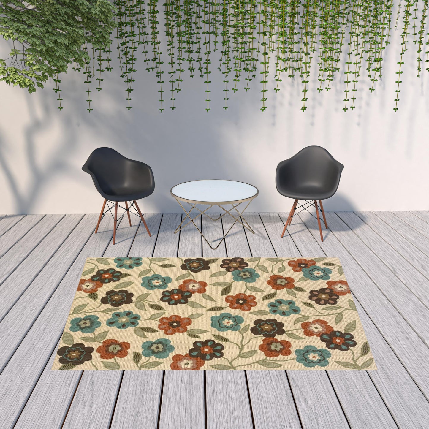 7' X 10' Brown and Ivory Floral Stain Resistant Indoor Outdoor Area Rug