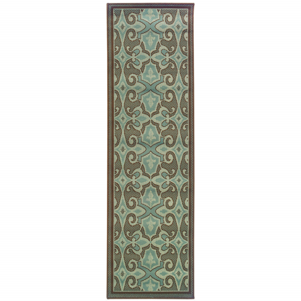 2' X 8' Blue Oriental Stain Resistant Indoor Outdoor Area Rug