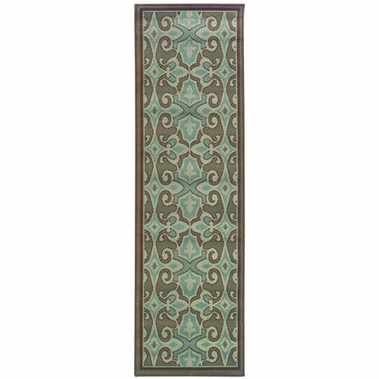 2' X 8' Blue Oriental Stain Resistant Indoor Outdoor Area Rug