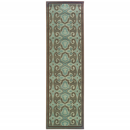 2' X 8' Blue Oriental Stain Resistant Indoor Outdoor Area Rug