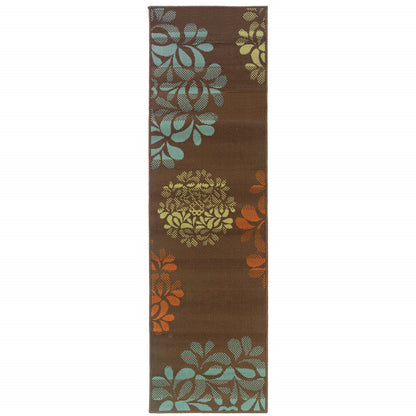 2' X 8' Brown Floral Stain Resistant Indoor Outdoor Area Rug