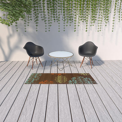 2' X 8' Brown Floral Stain Resistant Indoor Outdoor Area Rug