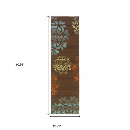 2' X 8' Brown Floral Stain Resistant Indoor Outdoor Area Rug