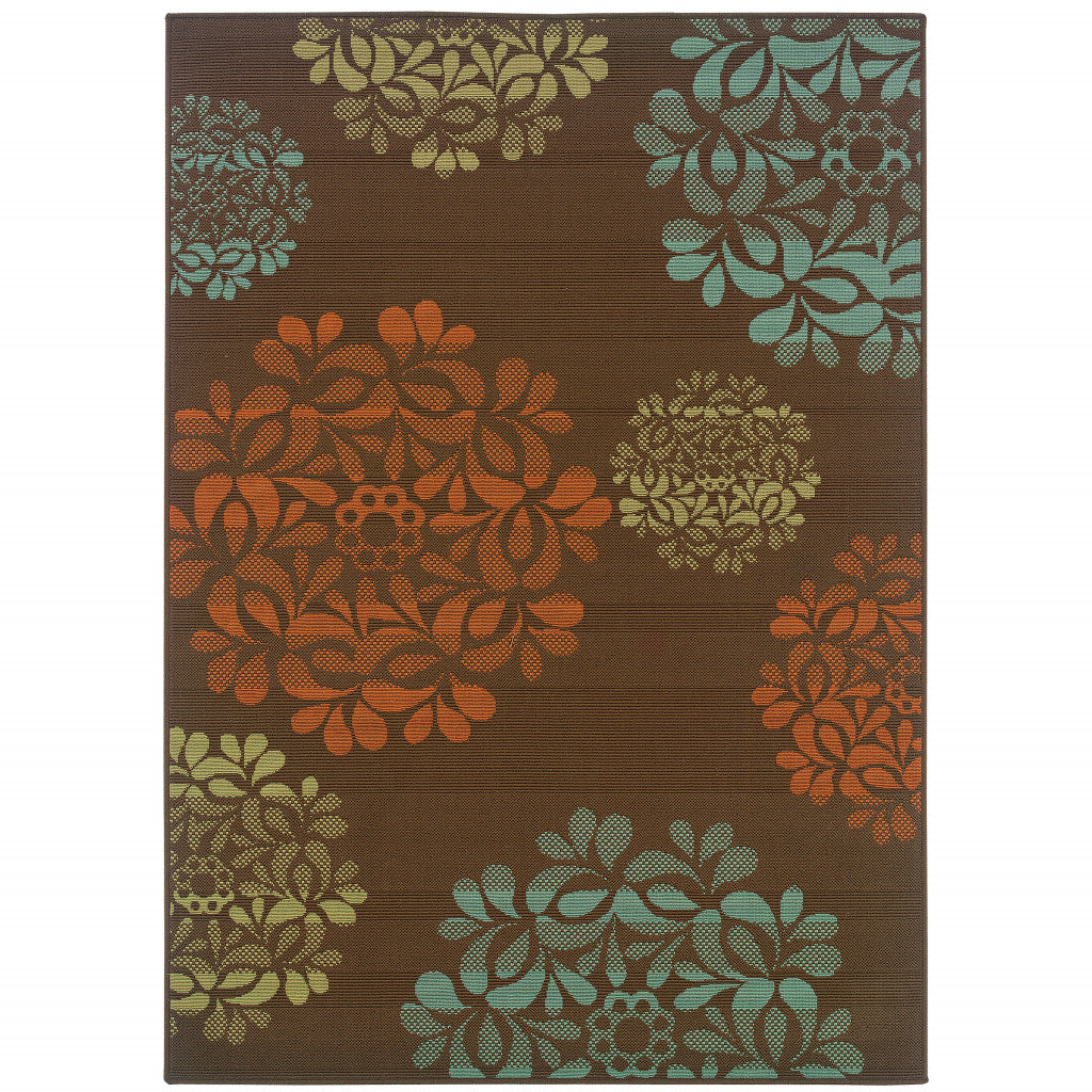 7' X 10' Brown Floral Stain Resistant Indoor Outdoor Area Rug