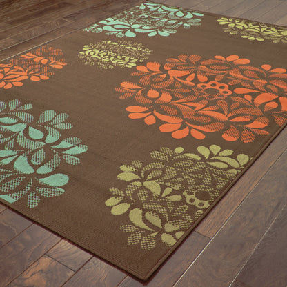 7' X 10' Brown Floral Stain Resistant Indoor Outdoor Area Rug