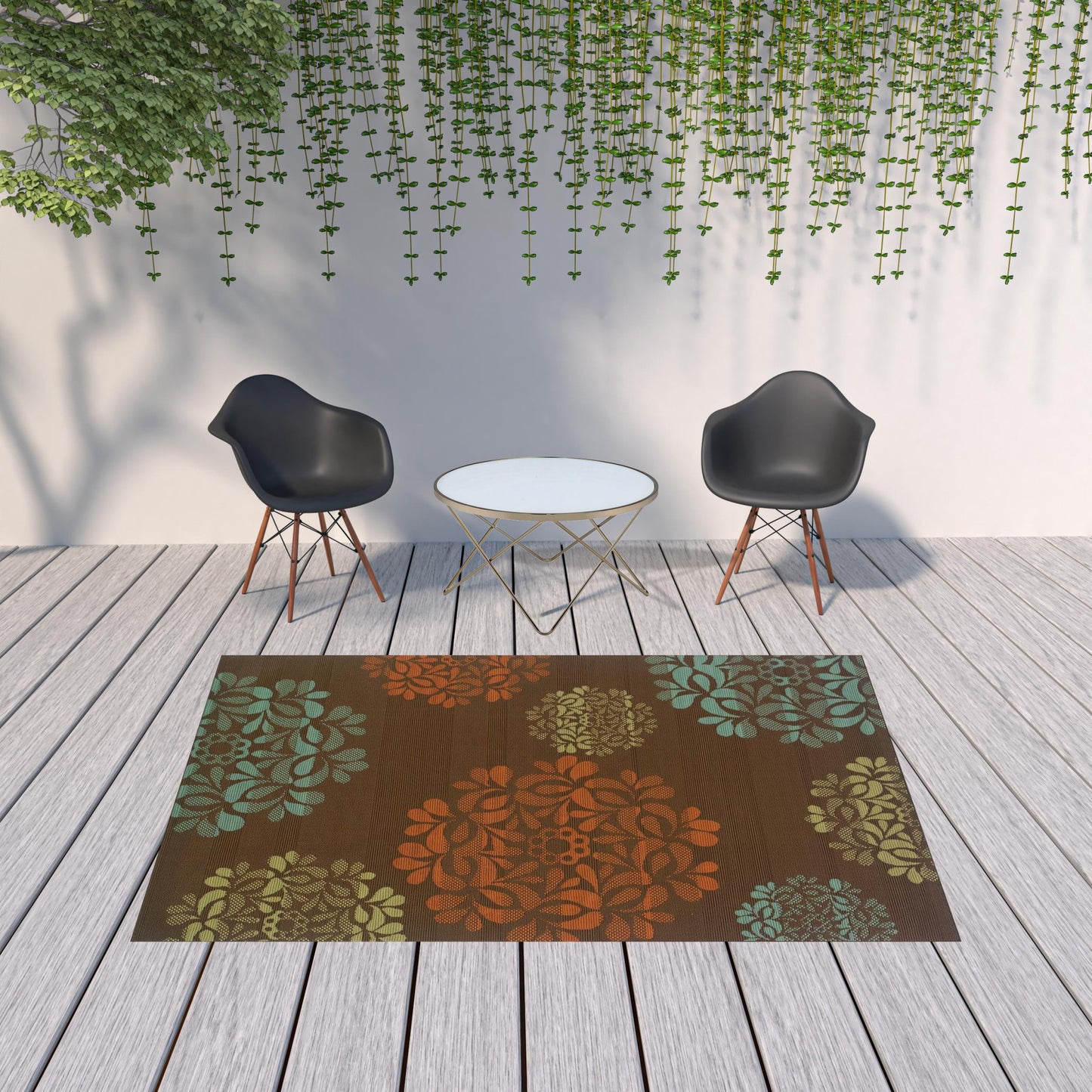 7' X 10' Brown Floral Stain Resistant Indoor Outdoor Area Rug