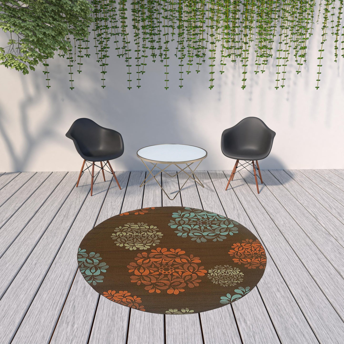 8' X 8' Brown Round Floral Stain Resistant Indoor Outdoor Area Rug