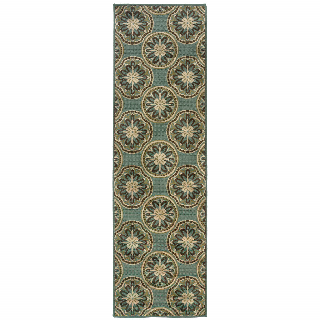 2' X 8' Blue and Ivory Floral Stain Resistant Indoor Outdoor Area Rug