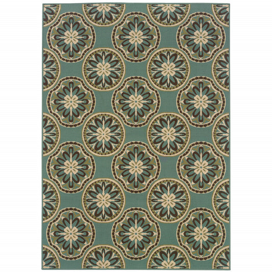 5' X 8' Blue and Ivory Floral Stain Resistant Indoor Outdoor Area Rug