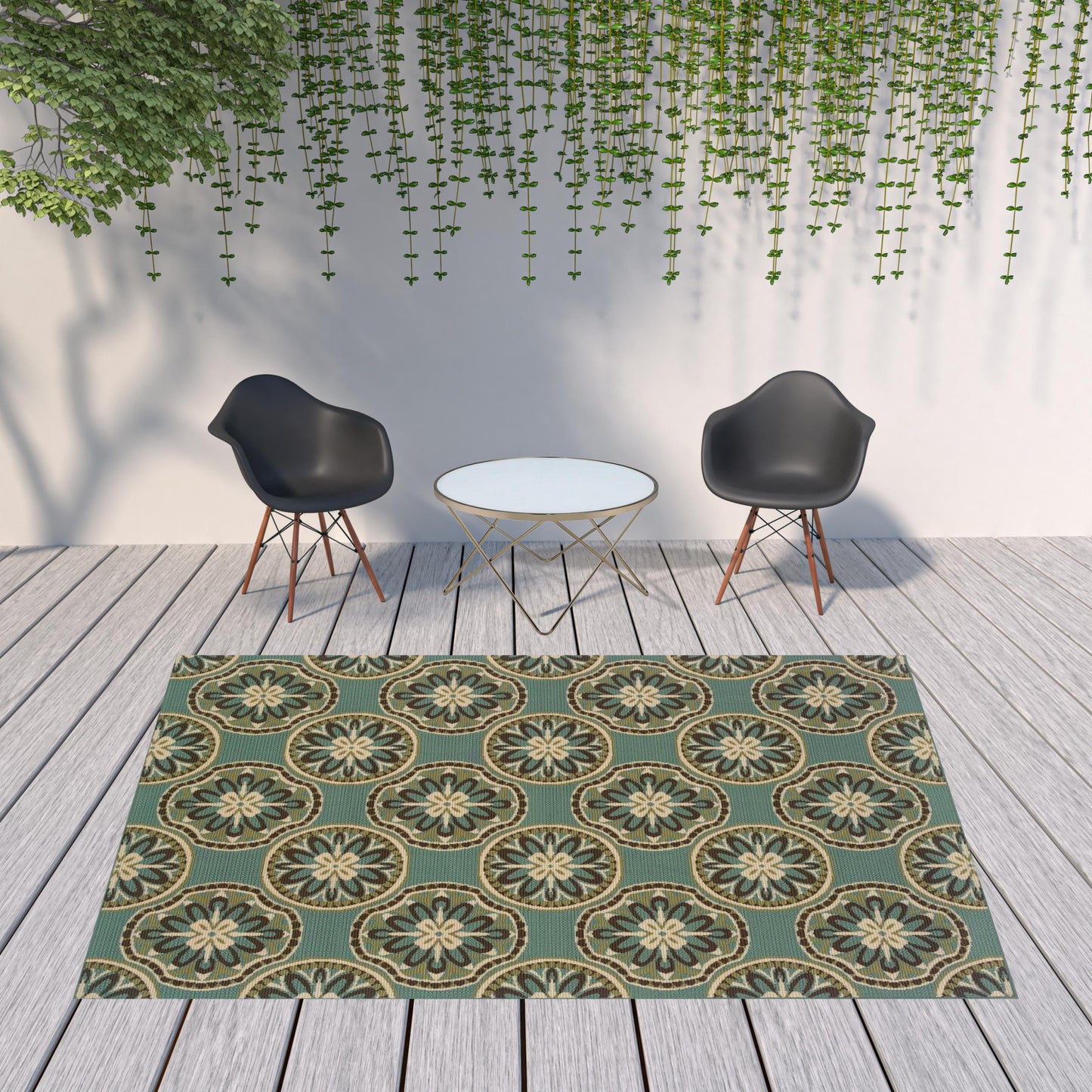 8' X 11' Blue and Ivory Floral Stain Resistant Indoor Outdoor Area Rug