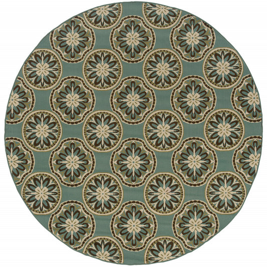 8' X 8' Blue and Ivory Round Floral Stain Resistant Indoor Outdoor Area Rug