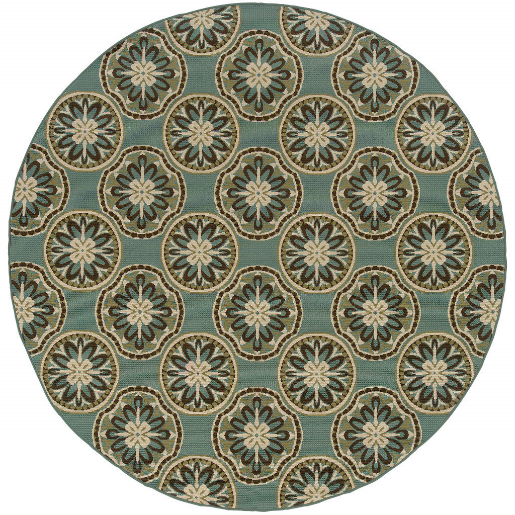 8' X 8' Blue and Ivory Round Floral Stain Resistant Indoor Outdoor Area Rug