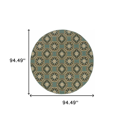 8' X 8' Blue and Ivory Round Floral Stain Resistant Indoor Outdoor Area Rug