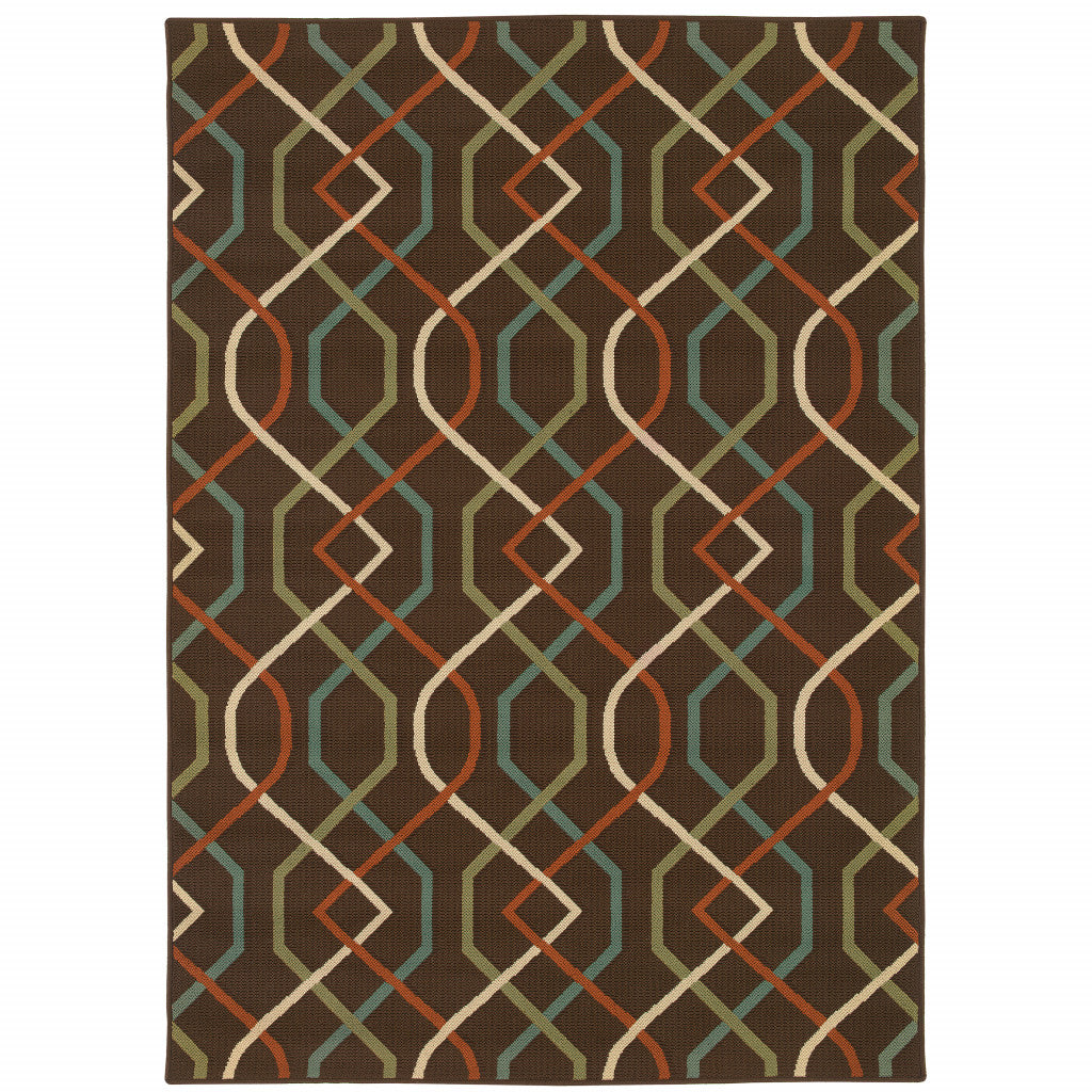 2' X 4' Brown and Ivory Geometric Stain Resistant Indoor Outdoor Area Rug