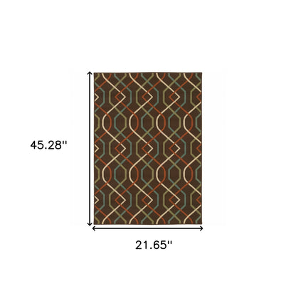 2' X 4' Brown and Ivory Geometric Stain Resistant Indoor Outdoor Area Rug