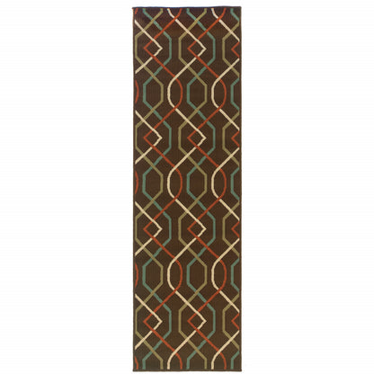 2' X 8' Brown and Ivory Geometric Stain Resistant Indoor Outdoor Area Rug